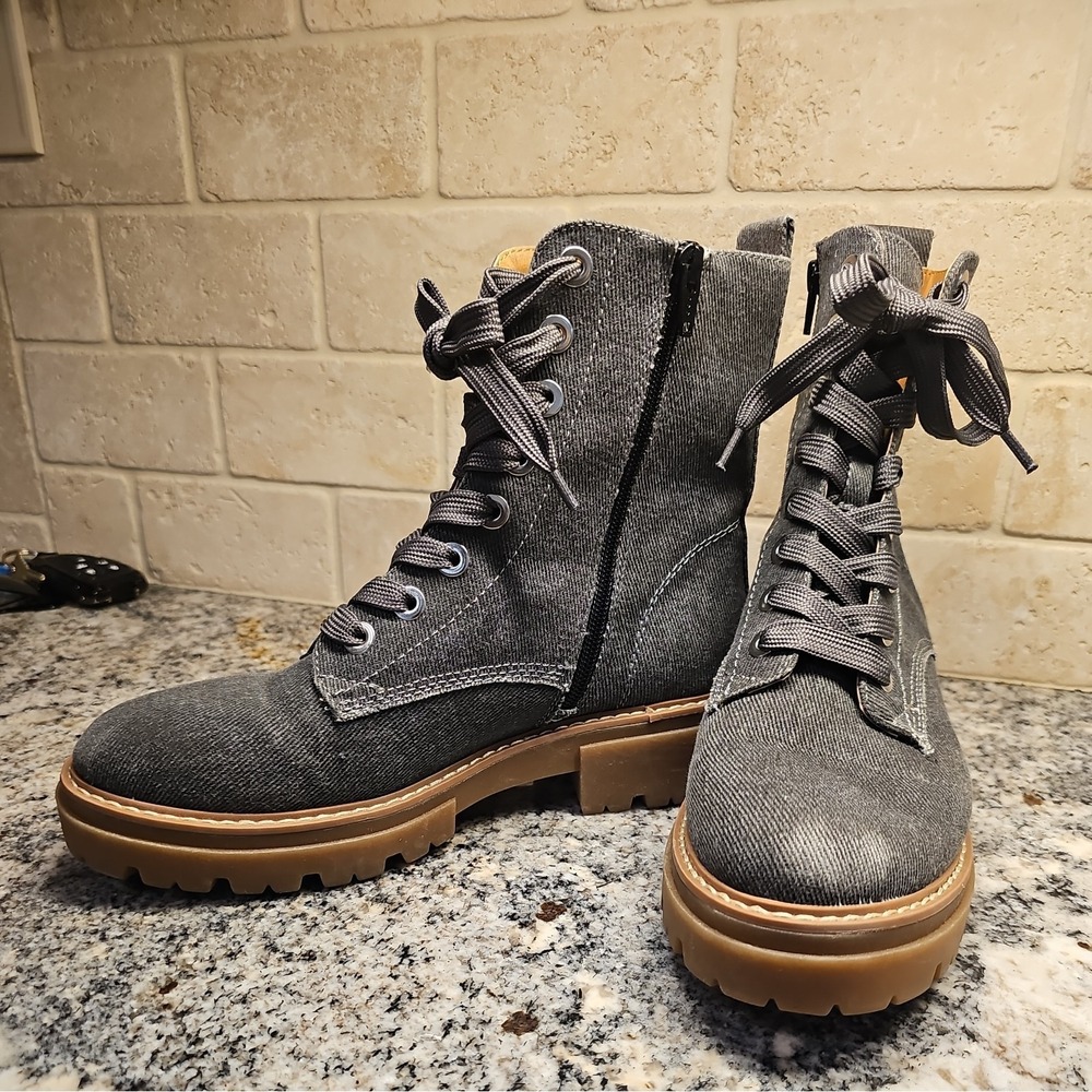 Sun Stone Womens Ankle Boots Size 8.5M Gray Denim Heavy Canvas Side Zip Lug Sole - Picture 9 of 9